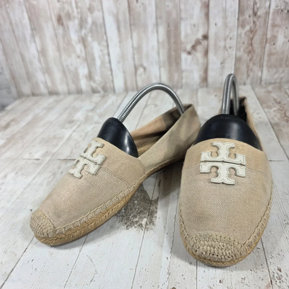 Tory Burch Tan Canvas Logo Espadrille Flats Womens Size 9.5 Beige Slip On Shoes